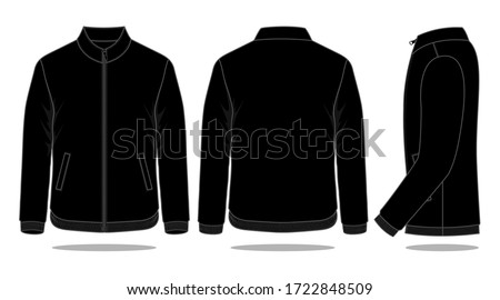 Blank Black Jacket Template on White Background. Front, Back and Side Views, Vector File.