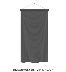 Blank of black long pennant flag banner. Clean fabric canvas hanging on strings. Vector 3d mockup. Realistic textile vertical banner for promotion design