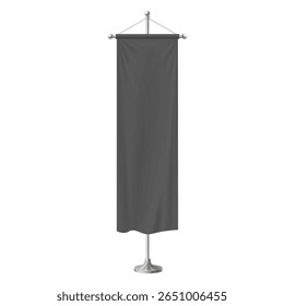 Blank of black long pennant flag. Vector 3d mockup. Clean fabric canvas hanging on pole stand. Realistic textile vertical banner on flagpole for promotion design