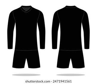 Blank Black Long Sleeve Soccer Jersey Uniform Template on White Background. Front and Back Views, Vector File.