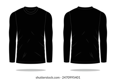 Blank Black Long Sleeve T-Shirt Template on White Background. Front and Back Views, Vector File.