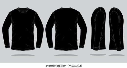 Blank Black Long Sleeve T-shirt Template on Gray Background. Front, Back, and Side Views, Vector File.