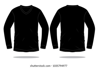 Blank Black Long Sleeve V-Neck  T-Shirt Template on White Background. Front and Back Views, Vector File.