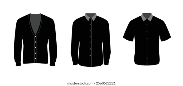 Blank Black Men's Clothing: Cardigan, Long-Sleeve Shirt, and Short-Sleeve Shirt