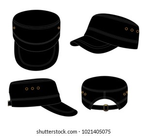 Blank Black Military Cadet Cap with Brass Eyelets and Buckle Strap Back Closure Template on White Background.