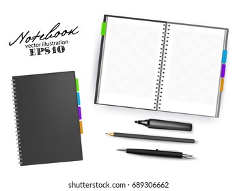 Blank black open and closed copybook template with Pen, pencil and permanent marker.Set of vector illustration stationery isolated on white background.
