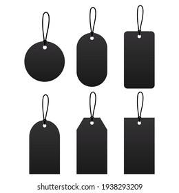 Blank black paper price tags or gift tags of various shapes. Discount tags icon shapes of various shapes with rope for store.