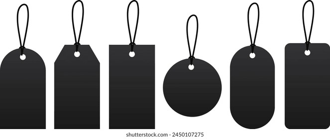 Blank black paper price tags or gift tags of various shapes. Discount tags icon shapes of various shapes with rope for store