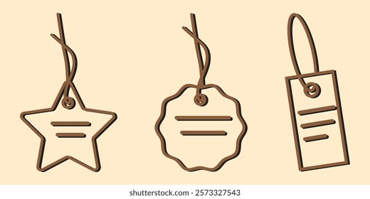 Blank black paper price tags or gift tags of various shapes. Discount tags icon shapes of various shapes with rope for store.
