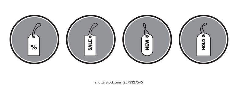 Blank black paper price tags or gift tags of various shapes. Discount tags icon shapes of various shapes with rope for store.
