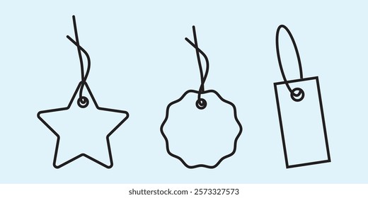 Blank black paper price tags or gift tags of various shapes. Discount tags icon shapes of various shapes with rope for store.
