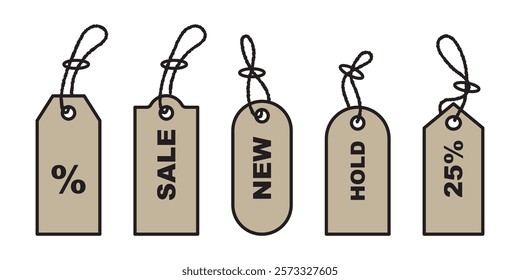 Blank black paper price tags or gift tags of various shapes. Discount tags icon shapes of various shapes with rope for store.