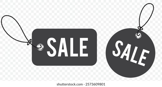 Blank black paper price tags or gift tags of various shapes. Discount tags icon shapes of various shapes with rope for store. eps 10.