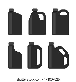 Blank Black Plastic Canisters Icons Set For Motor Machine Oil. Vector