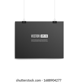 Blank black poster or cardboard information board hanging on wall, realistic mockup vector illustration isolated on white background. Template of empty placard design.
