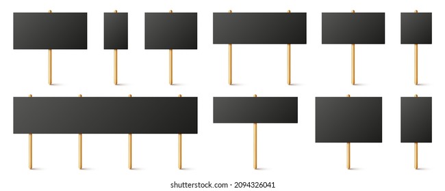 Blank Black Protest Signs With Wooden Holder. Realistic Vector Demonstration Banner. Strike Action Cardboard Placard Mockup.