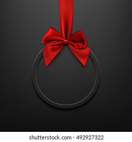 Blank, black round banner with red ribbon and bow, on black background. Brochure or banner template. Vector illustration.