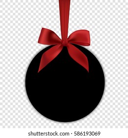 Blank black round gift card template with red ribbon and a bow, vector illustration.