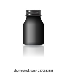 Blank black round supplements, medicine bottle with black screw lid for beauty or healthy product. Isolated on white background with shadow. Ready to use for package design. Vector illustration.