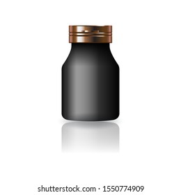 Blank black round supplements, medicine bottle with copper cap lid for beauty or healthy product. Isolated on white background with shadow. Ready to use for package design. Vector illustration.