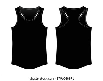 Blank Black Running Tank Top With Curve Hem Template on White Background.Front and Back View, Vector File.