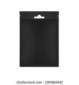 Blank Black Sachet Packet With Euro Slot And Tear Notches Isolated On White Background, Realistic Vector Mockup.