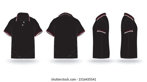 Blank Black ¡ Shirt with red and white stripes Front Side Back Side view fashion design template mock up vector with white background