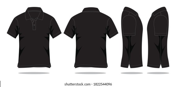 Blank black short sleeve polo shirt template on white background.
Front, back and side view, vector file