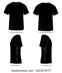 Blank Black Short Sleeve T-Shirt Template on White Background. Front, Back, and Side Views, Vector File.