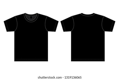 Blank Black Short Sleeve T-Shirt Template on White Background. Front and Back Views, Vector File