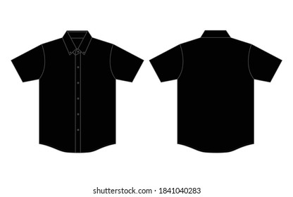 Blank Black Short Sleeve Uniform Shirt, Curved Hem Shirt Vector For Template.Front And Back Views.