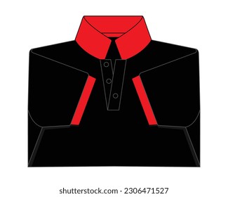 Blank black short sleeves polo shirt with red collar and cuff on white background, vector file.
