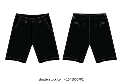 Blank Black Shorts Pants Vector For Template.Front And Back Views.