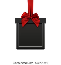 Blank, black, square banner in form of Christmas gift with red ribbon and bow, isolated on white background. Brochure or banner template.