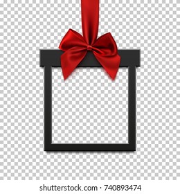 Blank, black square banner in form of Christmas gift with red ribbon and bow, on transparent background. Brochure or banner template. Vector illustration.