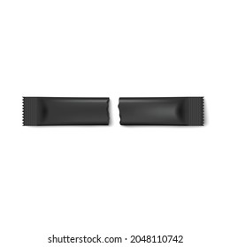 Embalaje de palo negro en blanco roto a la mitad, ilustración vectorial realista aislada en fondo blanco. Plantilla de bolsas de embalaje de hojas delgadas para alimentos.