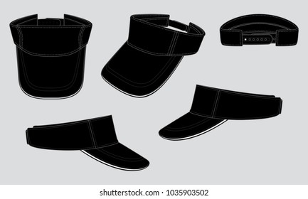 Blank Black Sun Visor Cap with White Sandwich, Snap Back Strap Back Template on Gray  Background. Front, Perspective, Back and Side Views.