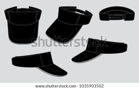 Blank Black Sun Visor Cap with White Sandwich, Snap Back Strap Back Template on Gray  Background. Front, Perspective, Back and Side Views.