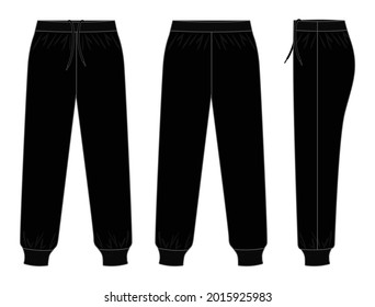 Blank Black Tracksuit Pants Template on White Background. 
Front, Back, and Side Views, Vector File.