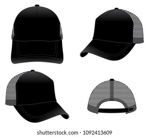 Blank Black Trucker Cap With Mesh at Side and Back Panel, Adjustable Plastic Slider Buckle Closure Strap Template on White Background.