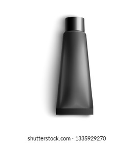 Blank black tube mockup for medicine or cosmetics vector illustration in realistic 3d style. Plastic package for brand template - empty product model of cream or gel isolated on white background.
