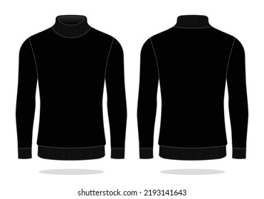 Blank Black Turtle Neck Long Sleeve T-Shirt Template on White Background. Front and Back Views, Vector File