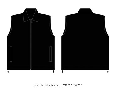 Blank Black Vest With Cord Toggle Stopper Template Vector on White Background.Front and Back View.