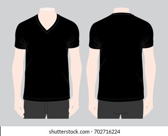 Blank Black V-Neck Shirt Vector For Template.Front And Back Views.