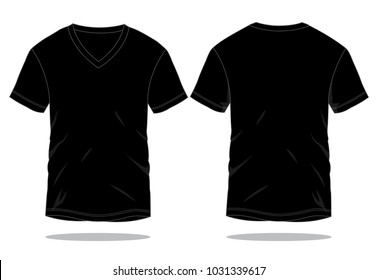Blank Black V-Neck Short Sleeve T-Shirt Template on White Background. Front and Back Views.