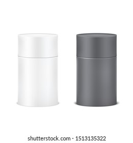 Blank Black And White Cardboard Cylinder Box Mockup. Paper Tube Isolated On White Background