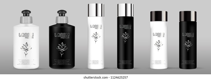 Blank black and white cosmetic package set isolated on gray background. 
Tube for foam hear styling, hair spray, deodorant, shampoo, soap. 
Realistic mockup tools, mock up vector illustration.EPS 10.