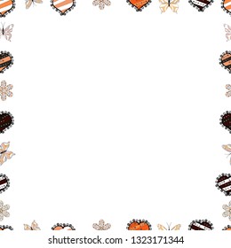 Blank black, white and orange square cadre rectangle label elegant sketches painted by hands scribble border. Seamless. Vintage doodle sketch picture frame doodle labels. Vector. Hand drawn frames.
