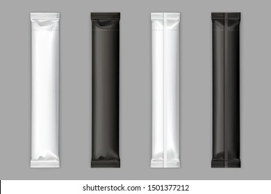 Blank black and white plastic, foil or polyethylene sachets sticks with torn line for sugar, instant coffee or chocolate bar packaging back, front view isolated, 3d realistic vector illustrations set