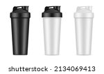 Blank black and white plastic shaker bottle set with flip lid for mockup and template design. Empty whey protein bottle. Drink for fitness. Sport equipment. Realistic 3d vector illustration